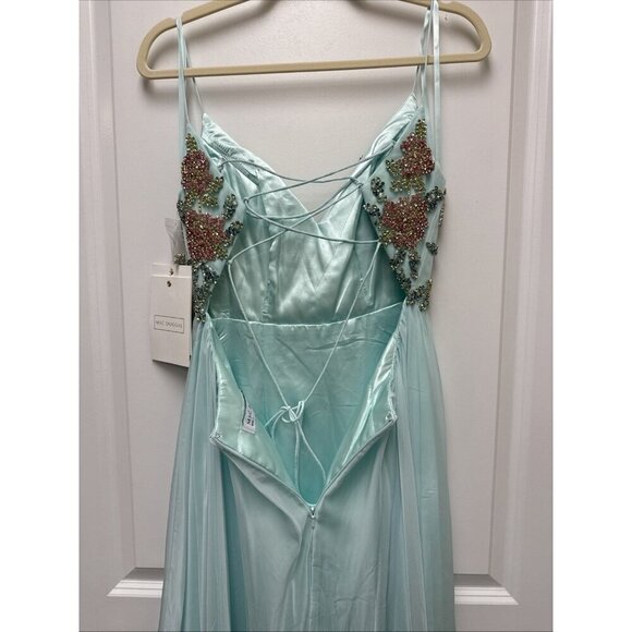 Mac Duggal Size 4 Aqua 67790 Floral Beaded Bodice Chiffon A-Line Giwn Dress $598 - Picture 8 of 11